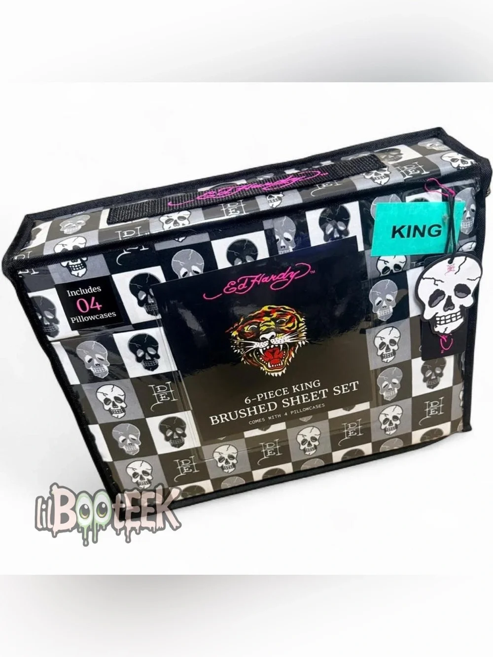 Ed Hardy 6 Piece KING Black & White Checkerboard Skull Sheet Set NEW VIRAL Y2K